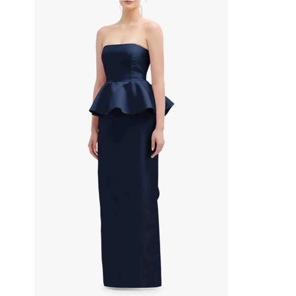 NEW ALFRED SUNG Midnight BLUE Strapless RUFFLE Peplum SATIN Column GOWN 12 - Picture 8 of 16